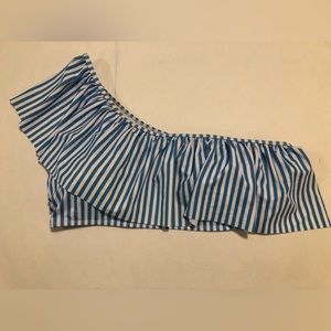Chic Soul blue and white stripe one shoulder bikini top with flounce, 3XL